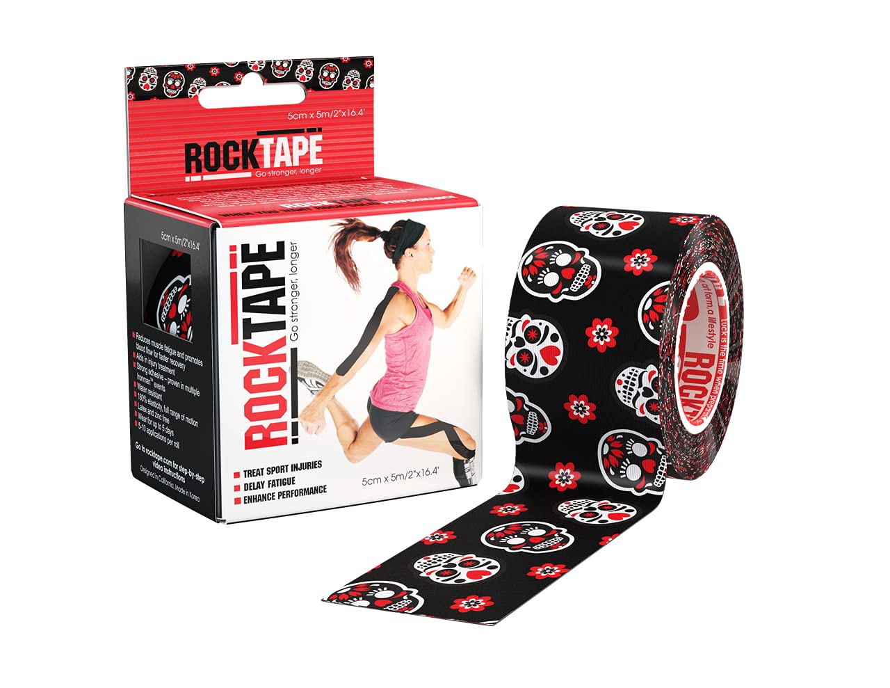 RockTape Kinesiology Tape for Athletes Water Resistant Reduce Pain & Injury Recovery 2" x 16.4 Feet Uncut Skull - Muertape